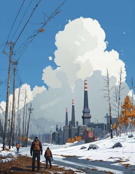 Art by Ismail Inceoglu. A digital illustration shoot from a far camera angle about a post-apocalyptic landscape featuring a city with a cold, snowy landscape. the scene is set against a backdrop of a blue sky with fluffy white clouds and a distant industrial area with tall buildings and smokestacks emitting smoke. on the left side of the image, there are bare trees with orange and yellow leaves, and on the right side, there is a snowy landscape with a few rocks scattered around. in the foreground, two people are standing, facing away from the viewer, wearing backpacks and carrying bags. the atmosphere is cold and desolate, with no humans present in the scene.