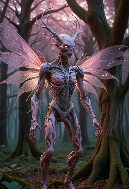 (medium full shot) of (ethereal hybrid creature) with bark-like pink skin, exoskeleton plates, multiple arms, alien crest, insect wings, iridescent skin, glowing vines, in set in an ancient enchanted grove, with ancient trees, shimmering leaves, tranquil light, wise forest spirits, during twilight, Masterpiece,best quality, photo, realistic, very aesthetic, detailed face,
