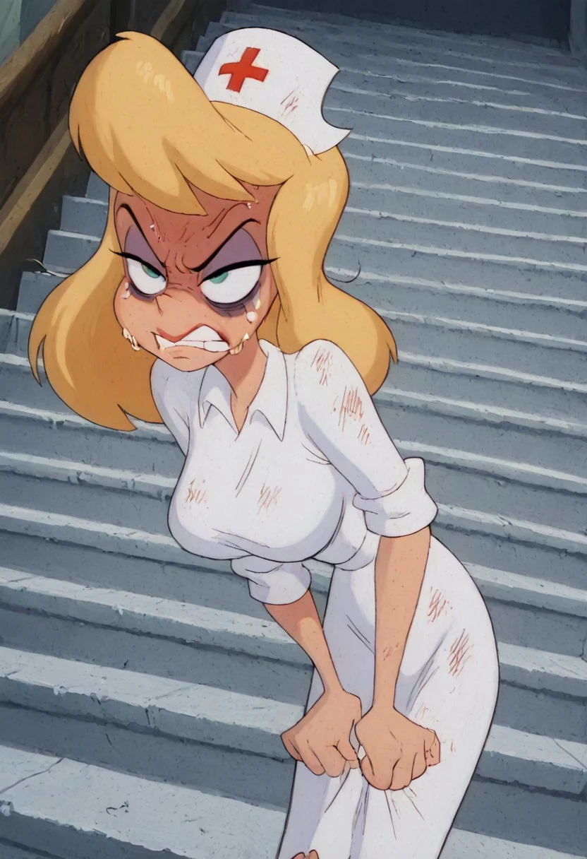(((Hello Nurse is extremely dirty and in torn clothes in total fury and ready to fight))). (((She is in total hate and disgust))).(((She has large bruises under her eyes))).(((Her life is totally broken)))). ((((Nobody respecting her))). ((((She was ashamed and ridiculed for weeks)))).(((((She was offended and humiliated for weeks)))), (((((Her nervous system is ruined))))). (((She is distressed and heartbroken))). (((Her dress is dirty))). (((((Her face is beaten after lots of fights and fallings from stairs))))). (((((She is angry and exhausted))))). Everything is she wants is revenge. Everyone hates her. She is poor and sick. (((amazing quality))), absurdres,,((((1girl)))),(((alone)))), (((hellonurse))),,(((angry))), (((exhausted:1.5)))),((((((masterpiece))))),,((((extremely beautiful image)))),(((beautiful light))),((((best detailing)))),(((disgusting))),(((offended))),((((extremely heartbroken)))), blonde hair, teal eyes, (((1girl))), alone, big breasts,((((slim body)))))nurse outfit, Heloise Nerz, hellonurse, dirty, detailed body, detailed face, highly detailed body, highly detailed face, dynamic pose, posing, ((((((angsty))))), (((((furious)))))), (((((submissive)))))), 1girl, , (((((bags under eyes))))), crazy emotion, narrow waist.