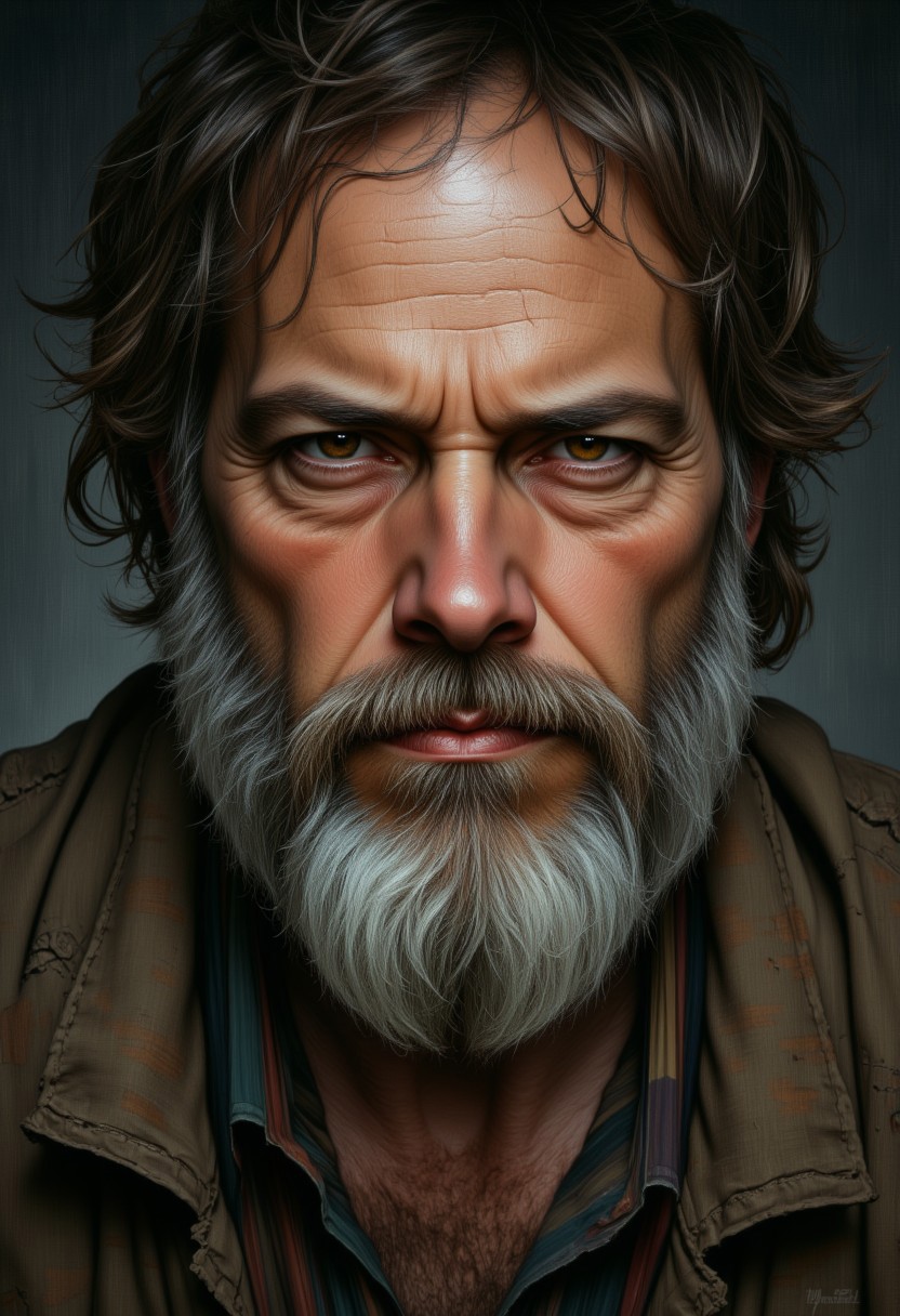 Unfazedfantasii, vantablack, OBxiaoxiang
photorealistic masterwork digital painting, hyper-realistic, 
A close-up portrait of a rugged, intense-looking middle-aged man with a thick, well-groomed salt-and-pepper beard and deep-set, piercing brown eyes. His face is lined with subtle wrinkles, giving him a stern, contemplative, and slightly brooding expression. His thick, slightly unkempt dark hair frames his face, complementing his strong, chiseled features. His gaze is direct and commanding, evoking a sense of wisdom and experience. He is wearing a striped, earth-toned shirt, adding a subtle texture to the image. The background is blurred and dark, with soft, natural lighting casting shadows that emphasize the depth and realism of his face. The overall style is ultra-detailed, photorealistic, and dramatic, resembling cinematic portrait photography.
 The art style is highly detailed, cinematic, and fantasy-inspired, with a focus on dramatic lighting, soft glows, and a slightly dark, mystical mood.