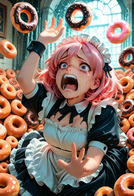 SmoothNoob_Quality, 8weod, 
(d0nu71f13d), made of doughnuts, 
1girl, CivChan, purple eyes, pink hair, maid, maid headdress, apron, dress, maid apron, short hair, black dress, torn clothes, 
screaming, crying, scared, reaching, stuffed doughnuts, Surrounded by doughnuts,