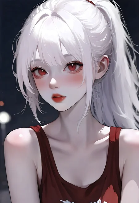 <lora:KoreanStyleSDXLvpred10:1>, AiKoreanStyle, 1girl, white hair, red eyes, pale skin, bangs, ponytail, red lips, red tank top, parted lips, expressionless, blush, head tilt, streetwear, depth of field, dark, night, masterpiece, best quality, year 2024, newest, highres, absurdres, very awa,