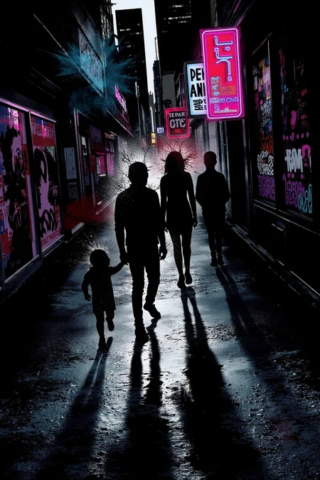 Create a gritty, urban cityscape with shadowy figures walking through a rain-soaked street. Use high-contrast lighting to emphasize the textures of wet pavement, graffiti-covered walls, and neon signs. The figures should be stylized, with bold, gestural lines and fragmented details. Incorporate splashes of vibrant neon colors against a dark, moody background to create a sense of urban chaos and vitality. The atmosphere should feel raw and alive, with a touch of rebellion  <lora:Russ_Mills_-_ArtStyle_FLUX:1>, ultra detailed, intricate details, masterpiece