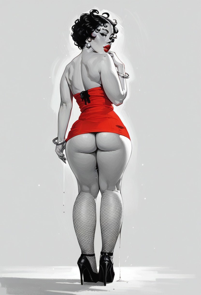 score_9, score_8_up, score_7_up, 1girl,  narrow waist, seductive expression, thick lips, athletic, toned thighs,  arched back,  dripping, dark eyes, from behind, ass,
/, monochrome background,
/, standing, on stage,
/, BettyB00p, Red Dress, fishnets, high heels, curly hair, jewellery,