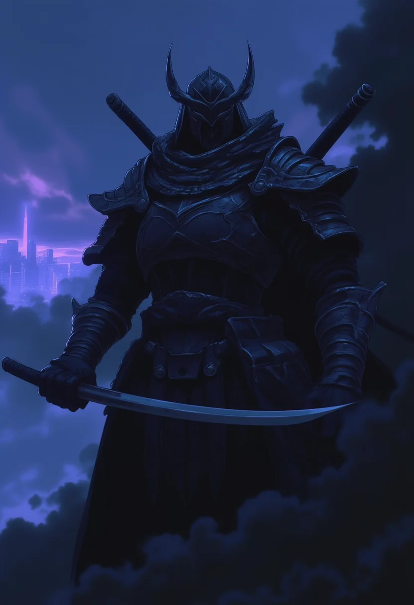 <lora:NeonFantasyPrimeFLUX-000049:1> ne0nfant4sy,
futuristic armor, in a dark futuristic style.The Last Ronin. He appears as a battle-hardened warrior, with scars and a tired but determined look. He wears heavy, battered armor, and crossed katanas behind his back. Thick smoke swirls around it, creating an atmosphere of mystery and tension. In the distance, a neon city can be seen on the horizon, illuminating the dark night and adding a futuristic contrast to its image.
