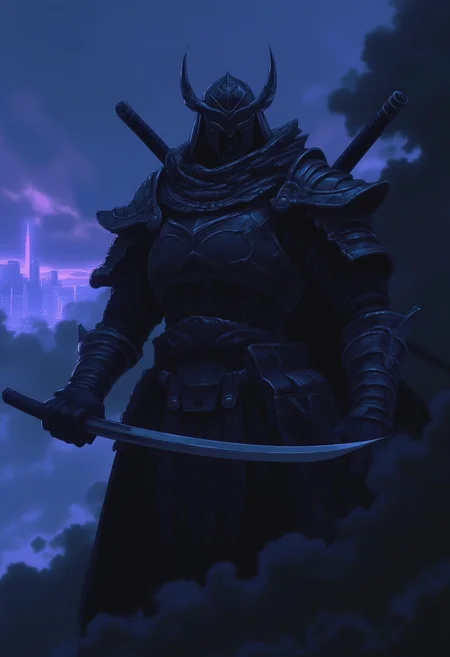 <lora:NeonFantasyPrimeFLUX-000049:1> ne0nfant4sy,
futuristic armor, in a dark futuristic style.The Last Ronin. He appears as a battle-hardened warrior, with scars and a tired but determined look. He wears heavy, battered armor, and crossed katanas behind his back. Thick smoke swirls around it, creating an atmosphere of mystery and tension. In the distance, a neon city can be seen on the horizon, illuminating the dark night and adding a futuristic contrast to its image.