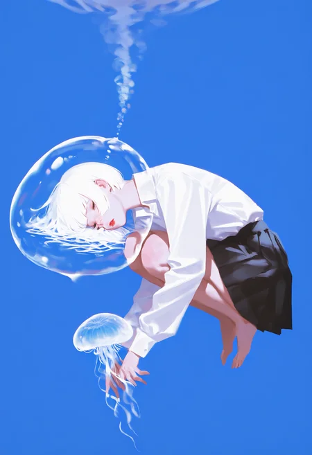 masterpiece, best quality, Good quality, very aesthetic, absurdres, newest,  a Girl squatting in the bubble. 1girl, solo, short_hair, simple_background, shirt, skirt, long_sleeves, white_shirt, full_body, closed_eyes, white_hair, pleated_skirt, parted_lips, collared_shirt, black_skirt, miniskirt, grey_background, lips, blue_background, bob_cut, squatting, sleeping, bubble, nose, red_lips, air_bubble, transparent, jellyfish, nose_bubble <lora:ponyv4_noob1_2_adamW-000017:0.7> <lora:USNR_STYLE_XL_lokr:1> <lora:MeMaXL4:0.4>