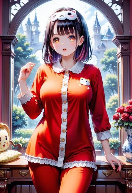 score_9, score_8_up, score_7_up, 1girl, solo, HimenoMP, scenery, (big breasts:0.8). (wide thighs:1.1), (wide hips:1.1), (mature woman:1.1), (detailed eyes, Eyes in high definition, eyes with a lot of detail), (best quality:1.4), a close up of a woman with colorful hair, anime girl with cosmic hair, rossdraws pastel vibrant, artwork in the style of guweiz, fantasy art style, colorful, vibrant fantasy style, rossdraws cartoon vibrant, cosmic and colorful, guweiz, colorfull digital fantasy art, stunning art style, beautiful anime style, red thighhighs, pajamas, mask on head, calpajamas