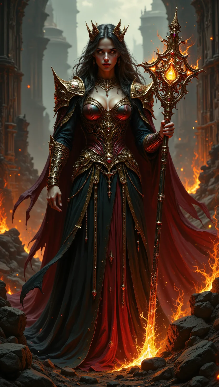 pinkdarkfantasy,
A fierce queen with smoldering eyes, wearing a black and crimson armor dress, a crown made of molten metal, standing amidst a ruined battlefield, embers floating around her.