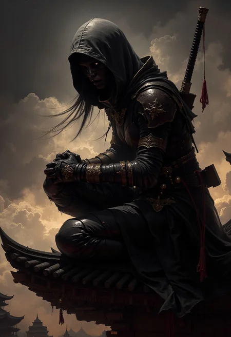 detailed renaissance oil painting, masterpiece, FredFraiStyle, female japanese ninja assassin, hood, chiascuro, weapons, directional lighting, masterpiece, perfect composition, perfect hands, kneeling on roof of pagoda temple, silhouetted with light illuminating one side of face