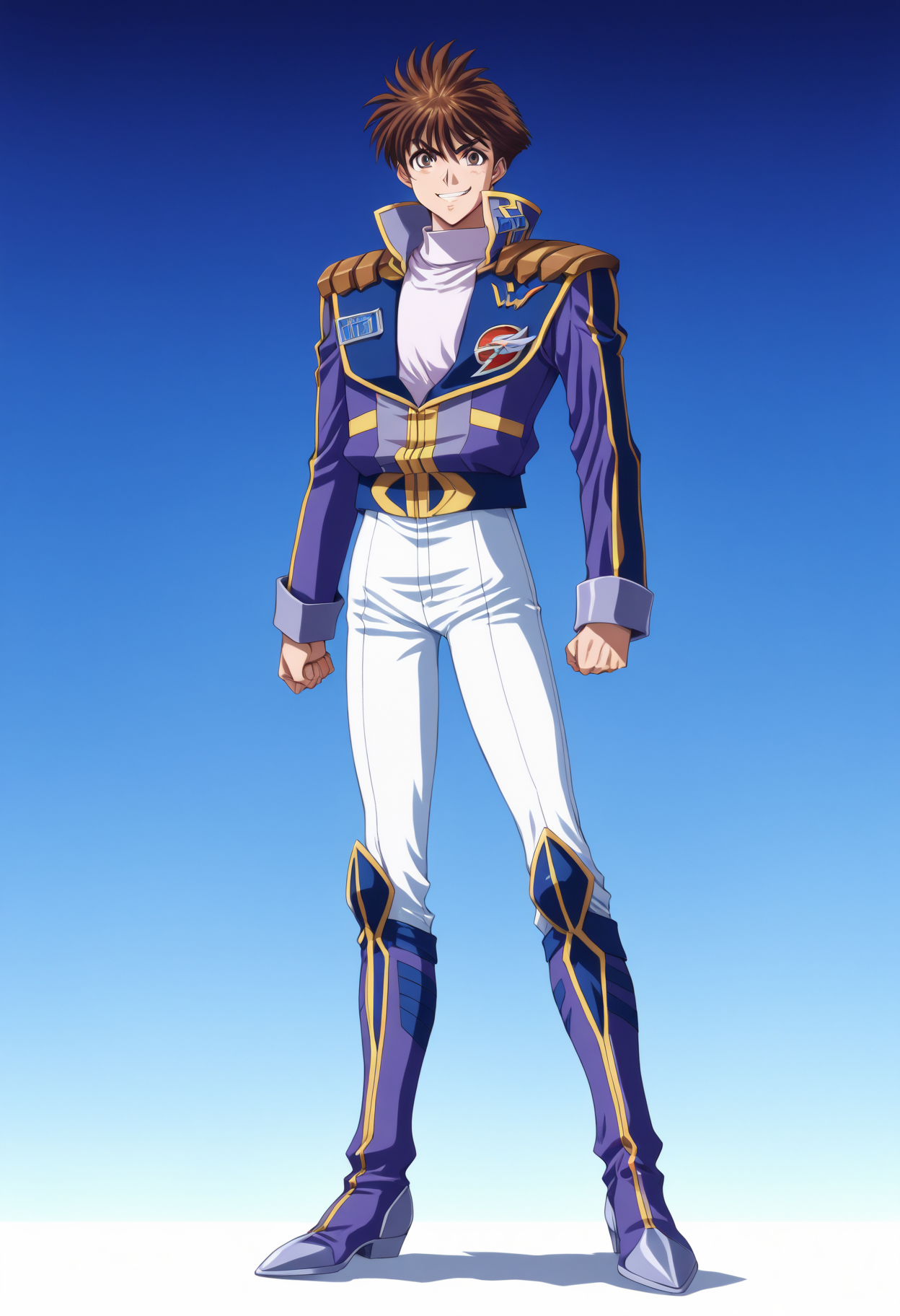 <lora:ryuusei_date>,ryuusei date,1boy,male focus,solo,full body,boots,standing,jacket,looking at viewer,smile,blue footwear,clenched hand,pants,white pants,knee boots,blue jacket,clenched hands,white shirt,shoulder pads,masterpiece,high score,great score,absurdres,