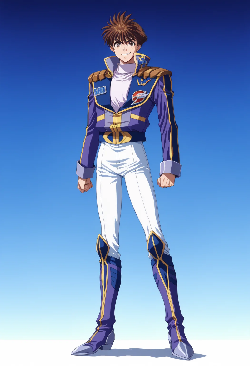 <lora:ryuusei_date>,ryuusei date,1boy,male focus,solo,full body,boots,standing,jacket,looking at viewer,smile,blue footwear,clenched hand,pants,white pants,knee boots,blue jacket,clenched hands,white shirt,shoulder pads,masterpiece,high score,great score,absurdres,