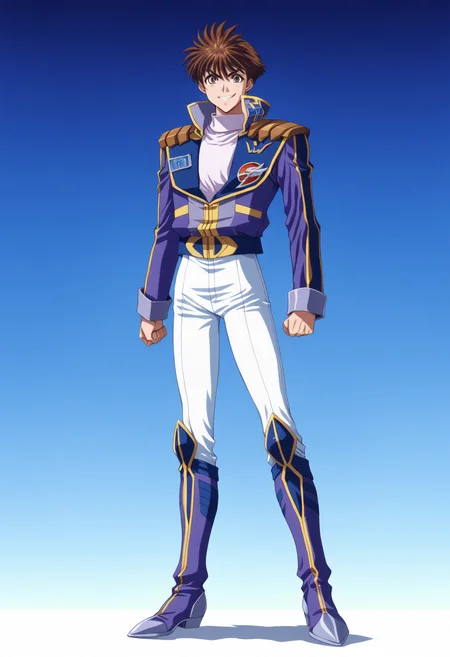 <lora:ryuusei_date>,ryuusei date,1boy,male focus,solo,full body,boots,standing,jacket,looking at viewer,smile,blue footwear,clenched hand,pants,white pants,knee boots,blue jacket,clenched hands,white shirt,shoulder pads,masterpiece,high score,great score,absurdres,