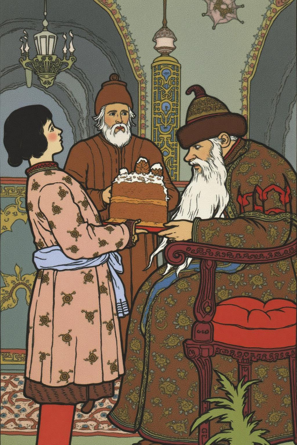 ivanbilibin1 illustration.
A page boy is brining a richly decorate cake to a Russian king sitting on his throne. They are wearing medieval Russian clothing.
 <lora:ivanbilibin1_cap_d6a3:1.0><lora:835885848235999001:0>