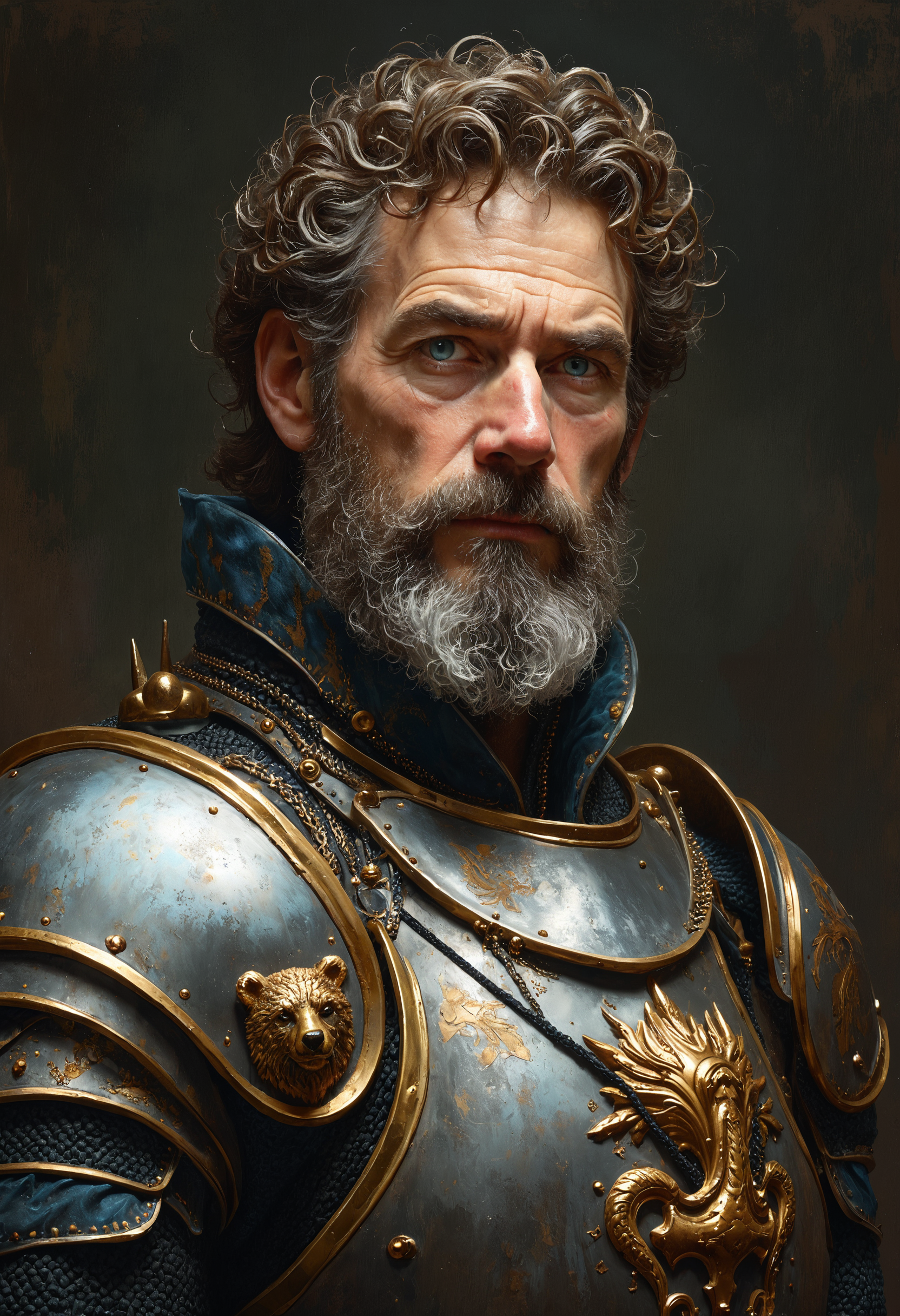 A distinguished middle-aged captain of the guards stands in full regalia, exuding authority and experience. His striking blue eyes command attention, contrasting with his neatly cropped gray beard and chestnut curly hair. The bear crest on his armor symbolizes his strength and loyalty. This vivid portrayal, whether a painting or photograph, captures the essence of a formidable and respected knight in exquisite detail and quality.