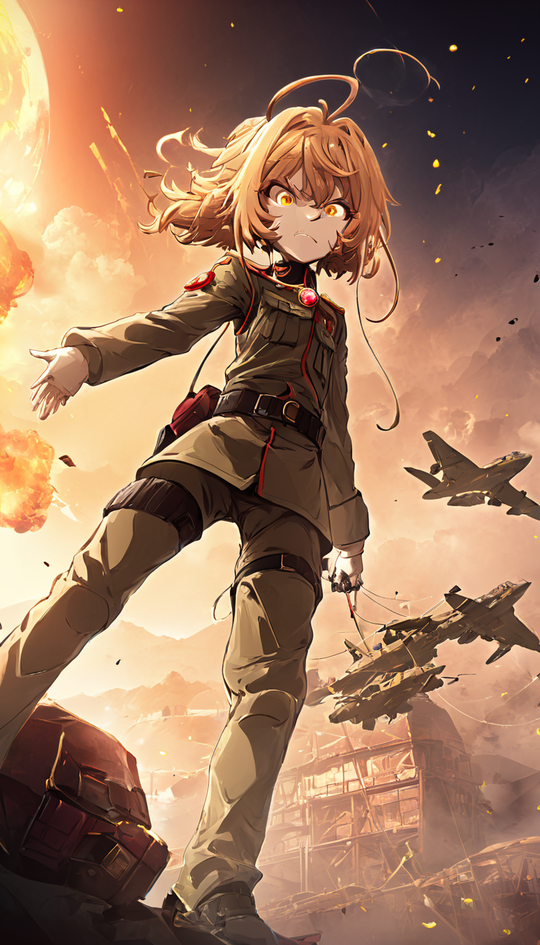 concept art Cinematic scene, hero view, Tanya Degurechaff, Youjo Senki <lora:tanya_degurechaff_xl_v5:1>, action pose, masterpiece, best quality, high quality, highres, absurdres  . digital artwork, illustrative, painterly, matte painting, highly detailed