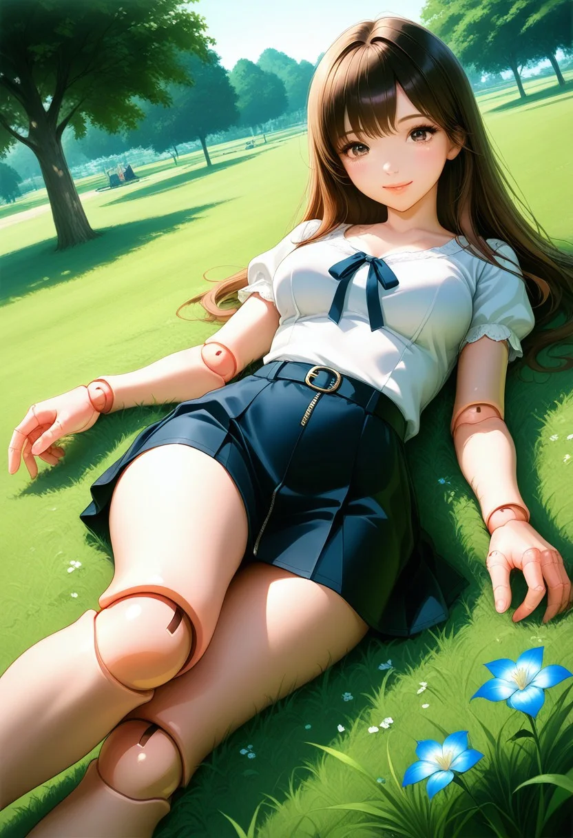 8k, hdr, girl, beautiful long hair, smiling, miniskirt, lying on the grass in the park, trees, summer, glossy rays, ray tracing, se_doll_joints