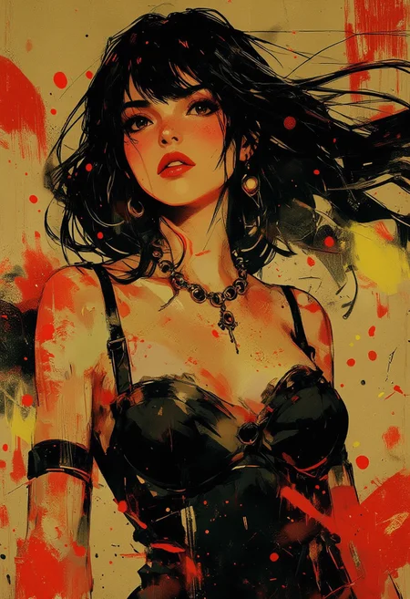 in the style of ck-mgs, nistyle, Special Ink-drawing mode, intricate linework with expressive contrasts, Mh1$AgThS2, Inkplash art on rice paper, sepia, in golds and reds , Silhouette Art, magnificent, inksplash closeup portrait of sultry asian woman, flowing black hair, evening gown, dark eyeshadow, red lips, abstract background, direct gaze