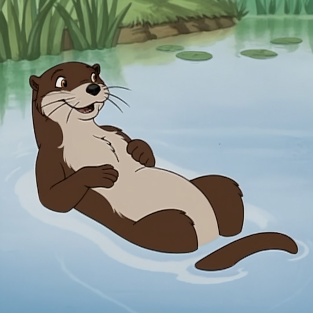 score_9, score_8_up, score_7_up, score_6_up, score_5_up, score_4_up, source_furry, otterfrnkln, semi-anthro, female, otter, brown fur, whiskers, lying, on back, in a pond, partially submerged, water, in a forest,