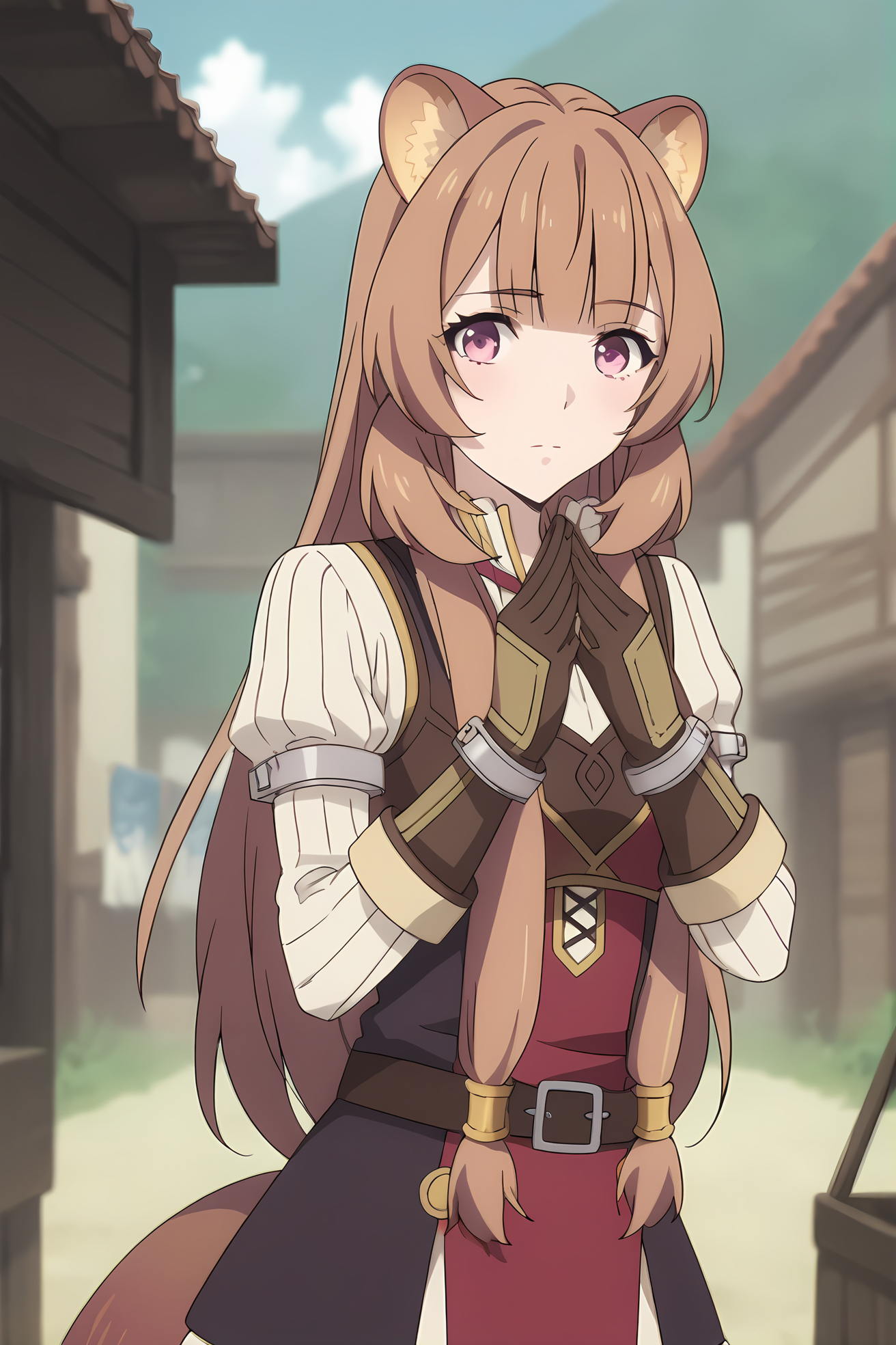 (red dress brown gloves:1.50), sh-raphtalia, pink eyes, brown hair, long hair, sidelocks, blunt bangs, raccoon ears, raccoon tail, ,
medium breasts,
1girl, solo, skinny, (source_anime, score_9, score_8_up, score_8, score_7_up), score_7, score_6_up, score_6, score_5_up, score_5, 
(horny:1.10),
(sunset outdoors:1.00),
(standing:0.80), (:0.80),
<lora:sh-raphtalia-V01-000004:1.00>