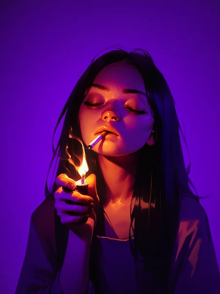 score_9, score_8_up, score_7_up, score_6_up, score_5_up, <lora:cigarette2XLP:1> 1girl, solo, cigarette, lighter, long hair, closed eyes, fire, smoking, black hair, upper body, holding, purple background,