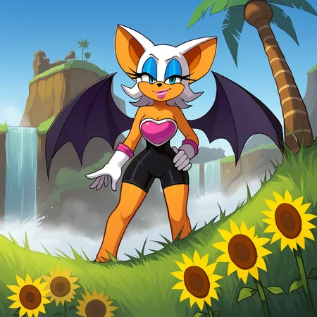 score_9, score_8_up, score_7_up, score_6_up, score_5_up, score_4_up, zPDXL2,source_furry,rating_questionable,1girl, solo (rouge the bat:1.1), cowboy shot, looking at viewer, smile, <lora:Green_Hill_Zone:0.7> gr33nh1ll, outdoors, grass, blue sky, palm tree, sunflowers, checkered dirt, waterfalls, loops