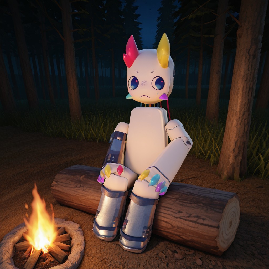 solo, 1boy, Prototype, robot, male, white body, blue eyes, crystalline horns, four claws, multicolored horns, multicolored claws, metal leg bands, metal arm bands
BREAK forest, night, sitting on log, campfire, sweatdrop, frown, looking at viewer
BREAK best quality, amazing quality, very aesthetic, absurdres, newest, masterpiece