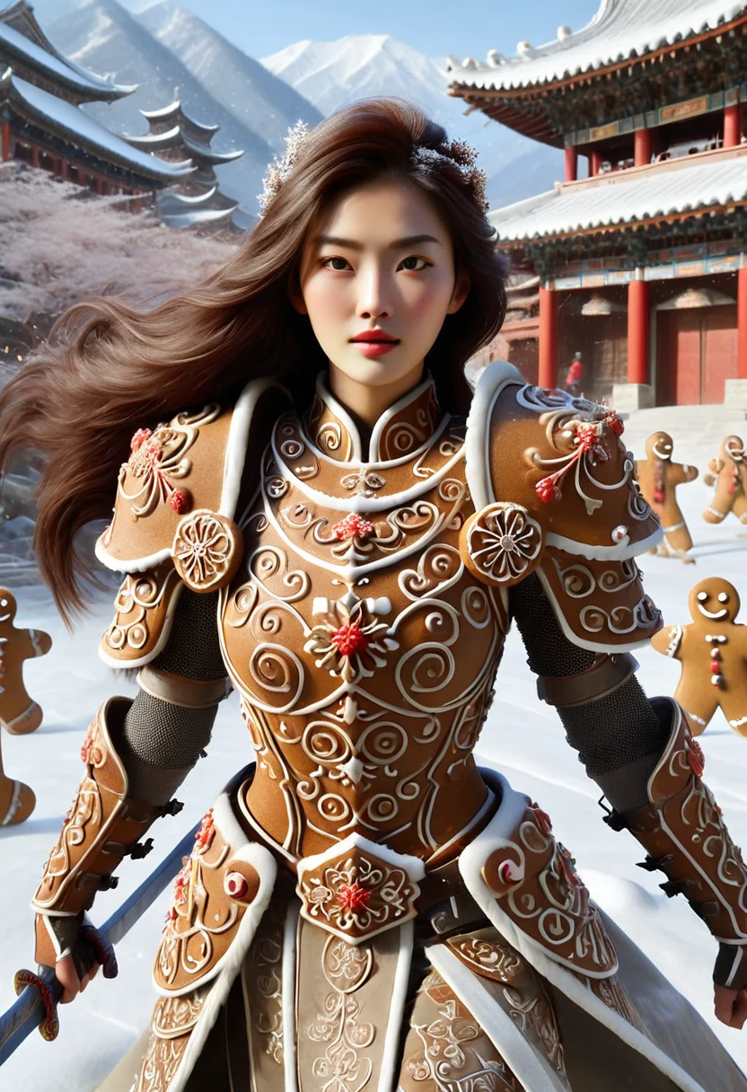 GBKnight, masterpiece, best quality, stunning detail, highly aesthetic, absurdres, 1girl, solo, asian, beautiful girl, (fighting stance:1.2), (full gingerbread armor, intricately detailed armor, gingerbread shoulder guards, gingerbread breastplate, gingerbread sword), gingerbread-theme armor, medium-sized breasts, narrow waist, wide hips, 24 years old, intense gaze, serious expression, small delicate face, (detailed eyes, snowflakes in hair, snow on clothes:1.2), oval-shaped face, slight blush, long flowing hair, hair gently floating, black hair, light filtering through hair, outdoors in ancient China, set in a secluded mountain temple, breathtaking views, winding stone paths, covered in snow, falling cherry blossoms, delicate snowflakes drifting, above the clouds, tranquil atmosphere, east Asian architecture, surrounded by misty mountains.