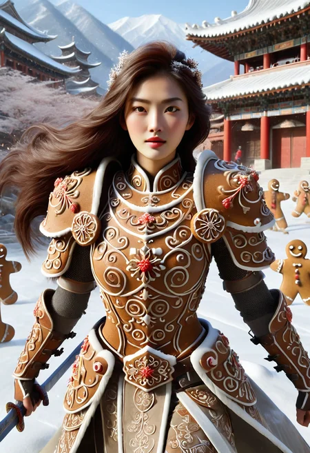 GBKnight, masterpiece, best quality, stunning detail, highly aesthetic, absurdres, 1girl, solo, asian, beautiful girl, (fighting stance:1.2), (full gingerbread armor, intricately detailed armor, gingerbread shoulder guards, gingerbread breastplate, gingerbread sword), gingerbread-theme armor, medium-sized breasts, narrow waist, wide hips, 24 years old, intense gaze, serious expression, small delicate face, (detailed eyes, snowflakes in hair, snow on clothes:1.2), oval-shaped face, slight blush, long flowing hair, hair gently floating, black hair, light filtering through hair, outdoors in ancient China, set in a secluded mountain temple, breathtaking views, winding stone paths, covered in snow, falling cherry blossoms, delicate snowflakes drifting, above the clouds, tranquil atmosphere, east Asian architecture, surrounded by misty mountains.