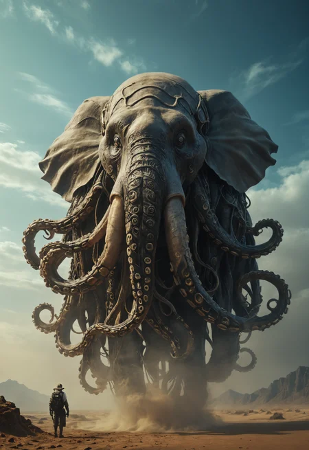 gigantic elefant octopus head, atmospheric,desert,black ink tattooed ,sky,cinematic, photorealisic,neon, photographic, medium contrast,bold lines,poster, intricate,artstation,Thomas Blackshear<lora:add-detail-xl:1> <lora:Aether_Ghost_v1.1_LoRA:1>