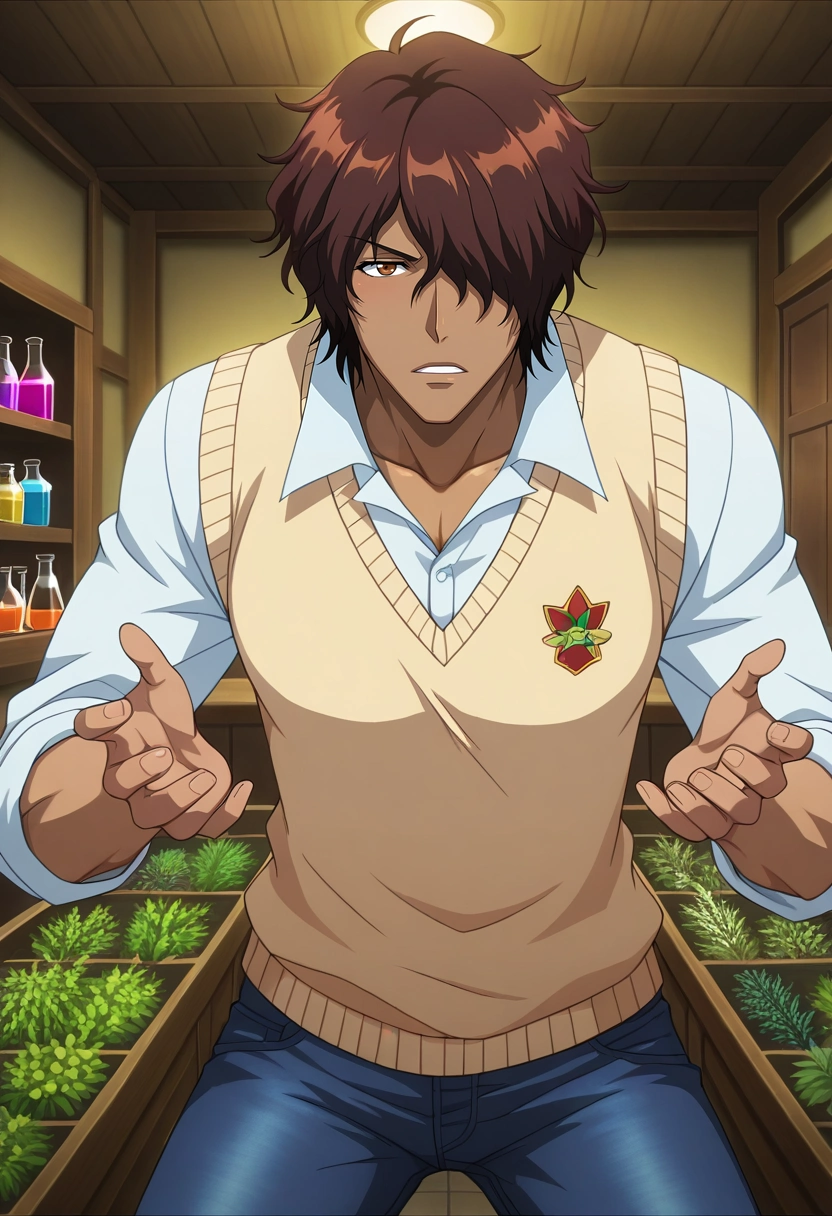 masterpiece, best quality, intricate details, anime screencap, , , , , 1boy, solo, male focus, <lora:yasutora_sado_ilxl:0.9>, yasutora_sado, brown hair, brown eyes, short hair, dark-skinned male, dark skin, , hair over one eye, witch's garden, herb beds, potion station, familiar animals, gathering pose, focused expression, morning, Stretch jeans, Rayon Coral Polo sweater vest, , ,