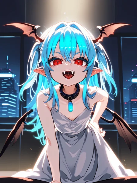 score_9,score_8_up,score_7_up,score_6_up,source_anime, <lora:Asutora-PonyXL-1024px:0.8>, <lora:chernyyvo:0.8>, <lora:Asanagi-Style-PonyXL-Final:1>,
slim girl model, kneeling, spread legs, posing, (neon:1.3), glowing, tongue out, glowing hair, glowing eyeliner, glowing eyes, (neon glowing), 1girl, solo, standing, hands on hips, leaning forward, open mouth, smug, fang, wearing white dress, indoors, red eyes, pointy ears, head wings, bat wings,
japanese, ultra detailed, serious, best quality, amazing quality, very aesthetic, absurdres, masterpiece, best quality,spotlight,masterpiece, best quality, high quality, highres, absurdres, caustics, offcial art, anime screencap,