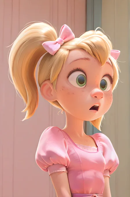 masterpiece, best quality, amazing quality,
1girl, solo, light green eyes, blonde hair, short hair, twintails, cute, big eyes, small nose, freckles, hair bow, small breasts, upper body,
shock, open mouth,
pink dress, puffy sleeves,
<lora:DisneyStudios_style:1> disneystudioxl, cartoon,