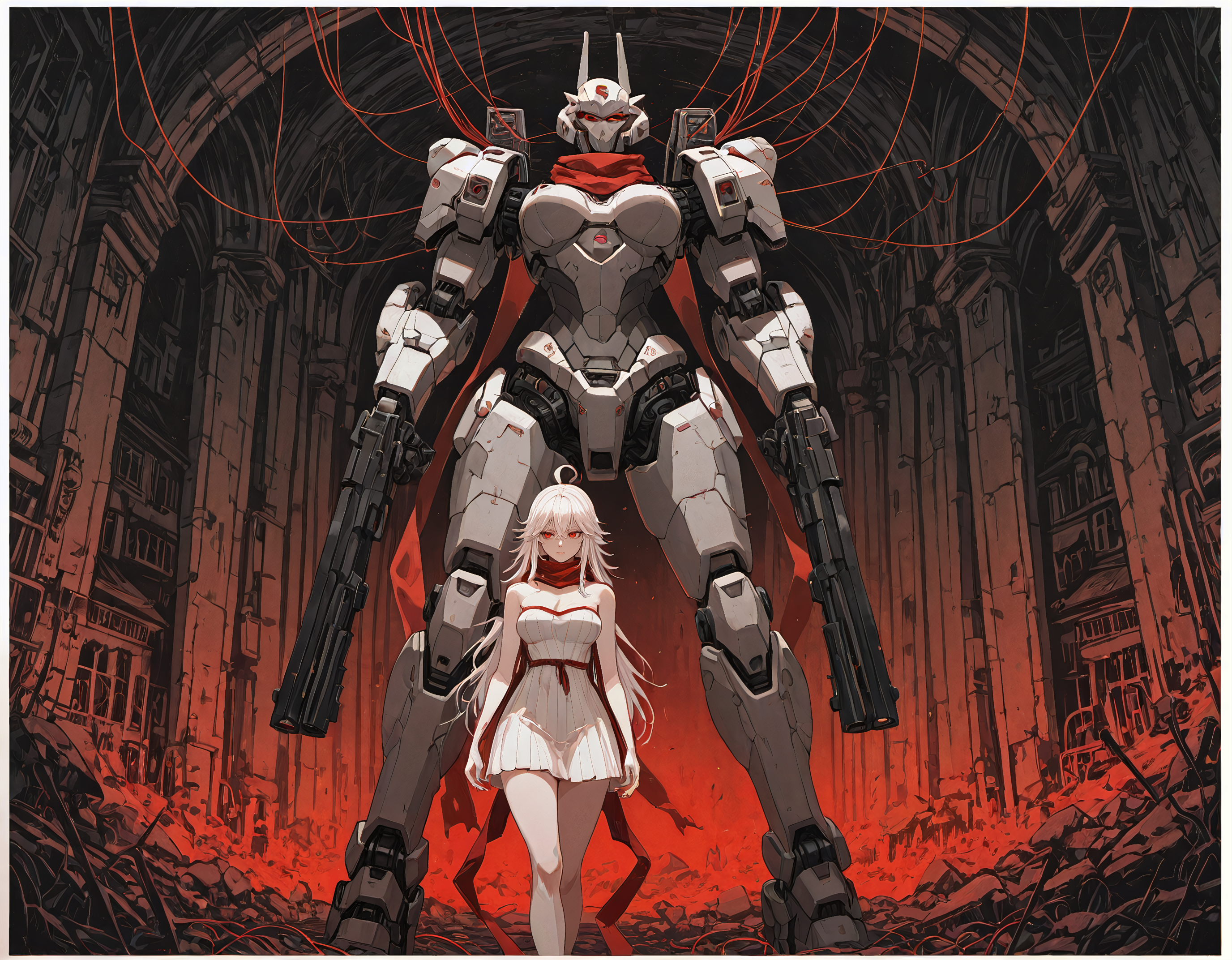 ethereal brushstroke, borders, white borders, out of border, flat vector illustration, momosp,masterpiece, best quality,very aesthetic,absurdres,1girl, long_hair, breasts, dress, red_eyes, standing, white_hair, ahoge, weapon, white_dress, scarf, strapless, gun, glowing, short_dress, robot, strapless_dress, mecha, science_fiction, personification, red_scarf, string, albino, shotgun, string_of_fate, shoulder_cannon, industrial,,
,