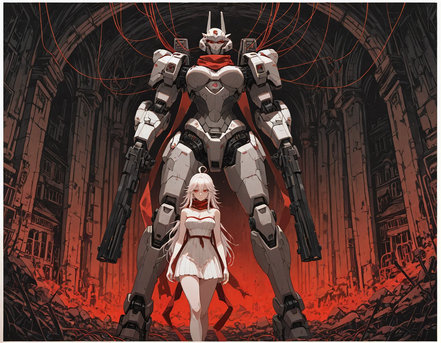 ethereal brushstroke, borders, white borders, out of border, flat vector illustration, momosp,masterpiece, best quality,very aesthetic,absurdres,1girl, long_hair, breasts, dress, red_eyes, standing, white_hair, ahoge, weapon, white_dress, scarf, strapless, gun, glowing, short_dress, robot, strapless_dress, mecha, science_fiction, personification, red_scarf, string, albino, shotgun, string_of_fate, shoulder_cannon, industrial,,
,
