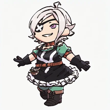 score_9, score_8_up, score_7_up, source_anime, 1girl, solo, smile, <lora:FEH-MTH-pdxl_Fp:1> chibi, simple background, full body, <lora:TataraSH2-pdxl:1> tara, white hair, short hair, ahoge, lavender eyes, eyepatch, collar, black pinafore dress, green shirt, puffy short sleeves, black gloves, brown belt, frills, green thighhighs, boots
