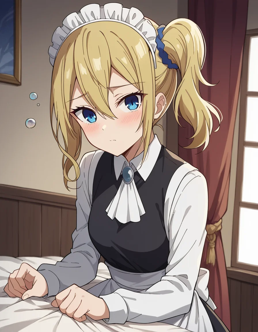 score_9, score_8_up, score_7_up, source_anime,
aihayasaka, <lora:ai-hayasaka-s3-ponyxl-lora-nochekaiser:1>,
ai hayasaka, bangs, blue eyes, blonde hair, hair ornament, hair between eyes, sidelocks, side ponytail, scrunchie, hair scrunchie, blue scrunchie,
shirt, long sleeves, dress, white shirt, collared shirt, apron, maid, maid headdress, ascot, waist apron,
indoors, bed, bed room, on side, blush, drunk,
looking at viewer, cowboy shot, dutch angle, solo,