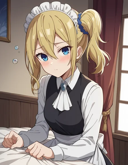 score_9, score_8_up, score_7_up, source_anime,
aihayasaka, <lora:ai-hayasaka-s3-ponyxl-lora-nochekaiser:1>,
ai hayasaka, bangs, blue eyes, blonde hair, hair ornament, hair between eyes, sidelocks, side ponytail, scrunchie, hair scrunchie, blue scrunchie,
shirt, long sleeves, dress, white shirt, collared shirt, apron, maid, maid headdress, ascot, waist apron,
indoors, bed, bed room, on side, blush, drunk,
looking at viewer, cowboy shot, dutch angle, solo,