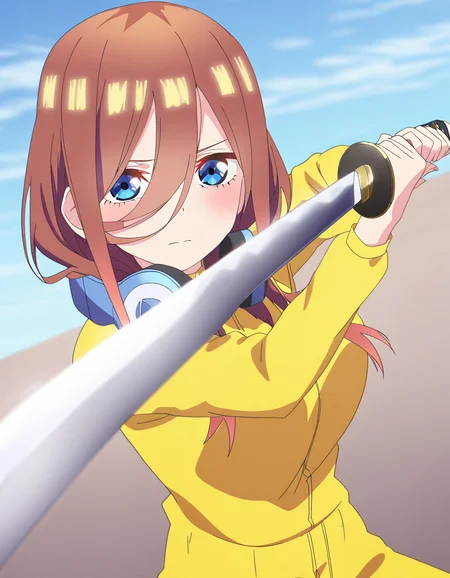 masterpiece, best quality, newest, absurdres, highres, safe,, <lora:miku-nakano-s2-ponyxl-lora-nochekaiser:1>, miku nakano, long hair, bangs, blue eyes, brown hair, hair between eyes, headphones, headphones around neck, large breasts, anime screencap, <lora:sword-guard-stance-illustriousxl-lora-nochekaiser:1>, sword guard stance, sword, weapon, solo, katana, holding, holding weapon, holding sword, looking at viewer, jumpsuit, yellow jumpsuit, high collar, cowboy shot, pants,, ,