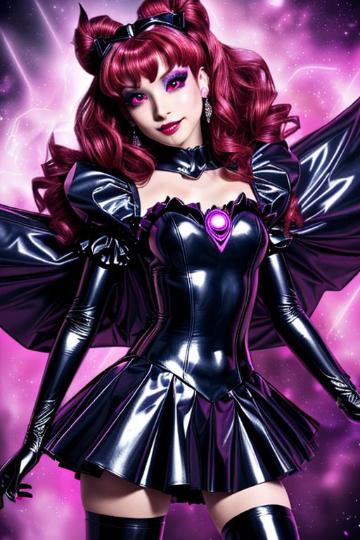 MEvil, EvlSM, Bad_End_Precure, DarkPrecure, adult, evil corrupted princess wearing dark pastel (ruffled:1) (gleaming latex:1) (sailor senshi uniform) with (long latex cape:1) and latex gauntlets, soft lighting, ruffles,
(makeup, lipstick, mascara, eyeshadow),
(red eyes, colored skin, glowing eyes, evil smile),
<lora:more_details:0.5>,