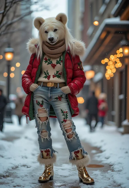 A beautiful christmas polar bear with long ears is wearing a stylish puffy winter jacket paired with distressed denim jeans and a turtleneck sweater adorned with embroidered holly leaves and berries. The look is accessorized with a frilly scarf, a gold-accented belt, and metallic boots for a festive yet urban vibe. She poses out doors during a snowstorm. falling snow, christmas lights, rosy cheeks. pretty eyes