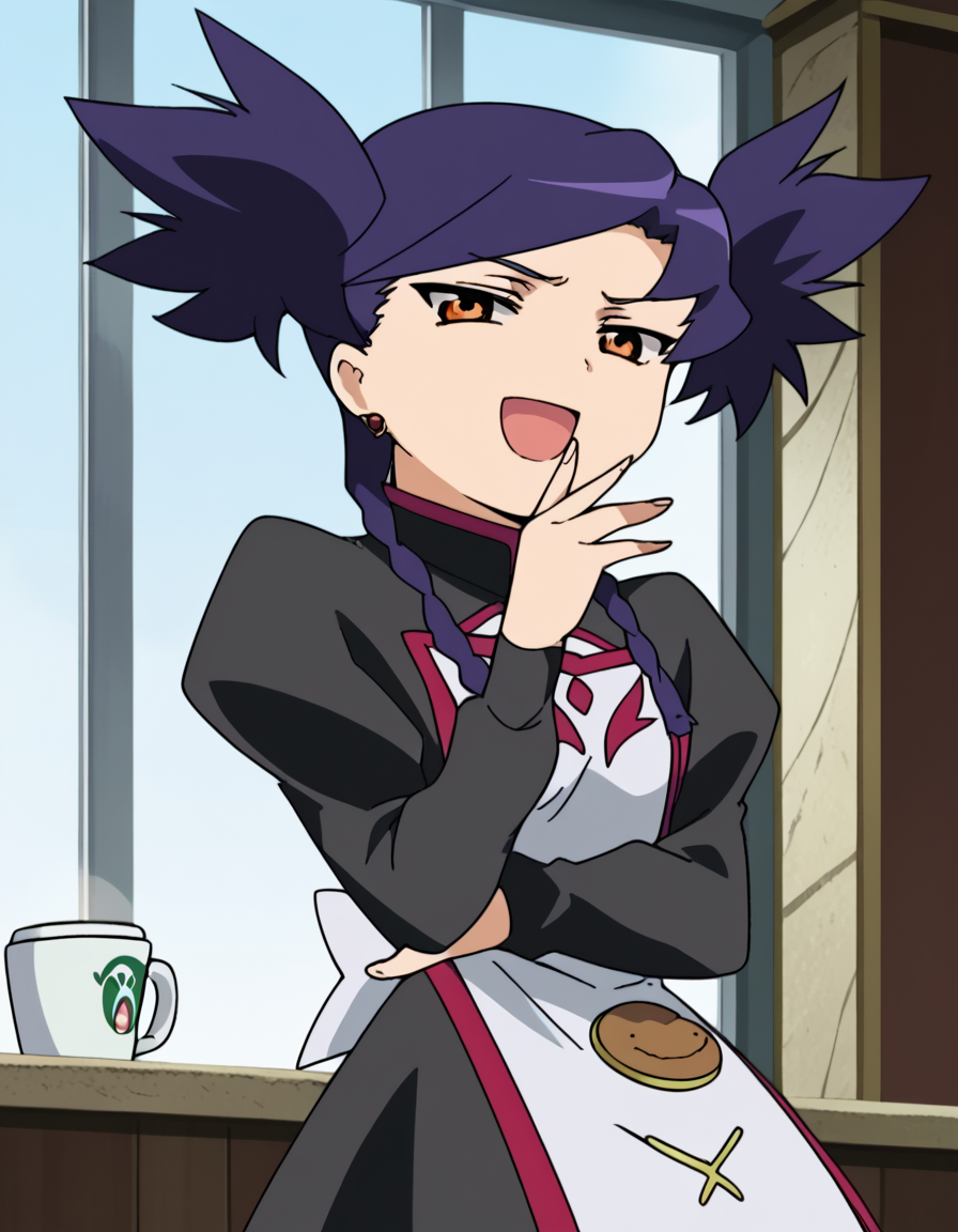 score_9, score_8_up, score_7_up, source_anime, <lora:nina-wang-s1-ponyxl-lora-nochekaiser:1>, nina wang, bangs, twintails, purple hair, braid, twin braids, orange eyes, anime screencap,, long sleeves, dress, jewelry, earrings, puffy sleeves, black dress, juliet sleeves,, cafe, coffee cup, barista, sitting down, talking, relaxing, sunlight through window, , <lora:ojou-sama-pose-ponyxl-lora-nochekaiser:1>, ojou-sama pose, laughing, smug, hand to own mouth, open mouth,, looking at viewer, solo,, dutch angle, cowboy shot