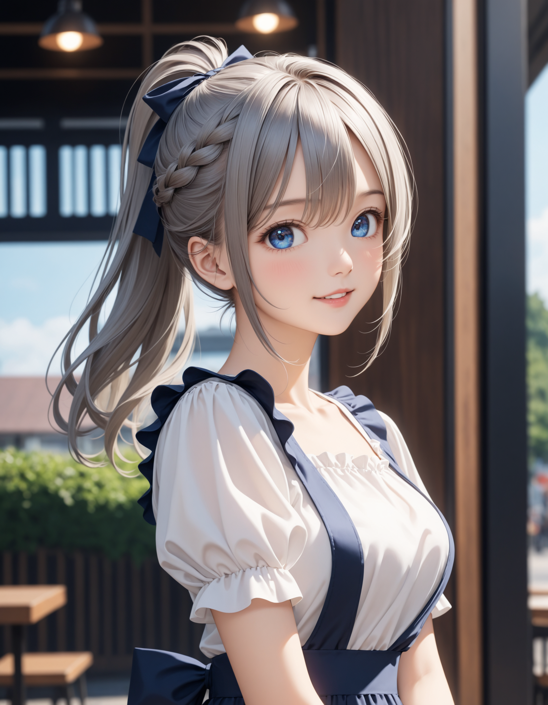 SceneDescription:
  - Composition: Portrait. Cinematic angle.
  - Subject: A cute girl.
    - Characteristics:
      - Face: (Round face:1.1).
      - Eyes: Detailed dark-blue eyes.
      - Hair: Long wavy high (ponytail:1.2) with big ribbon hair ornament, (gray hair), (gray inner hair), left side french braid and hair between eyes.
      - Body: Detailed slender body. Large breasts.
      - Clothing: White ruffled blouse with ribbon tie, ruffled short sleeves and pinafore.
      - Expression: Happy expression.
      - Posing: Contrapposto. Head tilt. (Arms behind back:1.2). Looking at viewer.
  - Background: Fashionable cafe street.
    - Elements: Blue sky view.
Time: Daytime.
Lighting: (Natural lighting:1.4).
ArtStyle: Photorealistic, Cute style.
Quality: Intricate details. Extremely detailed. Outstanding intricacies. (Masterpiece:1.2). (Best quality:1.2). (Absurdres absolutely resolution:1.4).
Mood: Serene atmosphere.