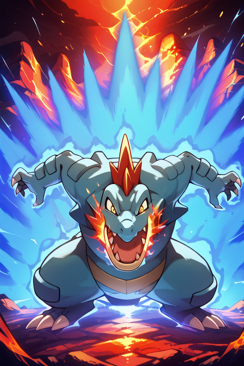 masterpiece, best quality,  zzferaligatr, claws, yellow eyes, sharp teeth, emerging from a lava-filled cavern, heat waves distorting its figure, magma bubbling in the background, glowing molten claws, ash and embers floating in the air, fearsome and unstoppable,  ,dynamic pose, huge claws, incoming attack, foreshortening, dynamism, motions lines, blue aura, serious,  ,<lora:FeraligatrPokedexIXL:1.0>,  <lora:DBSBroly_Style_IXL_v2:0.8> <lora:IckpotIXL_v1:0.6>,
