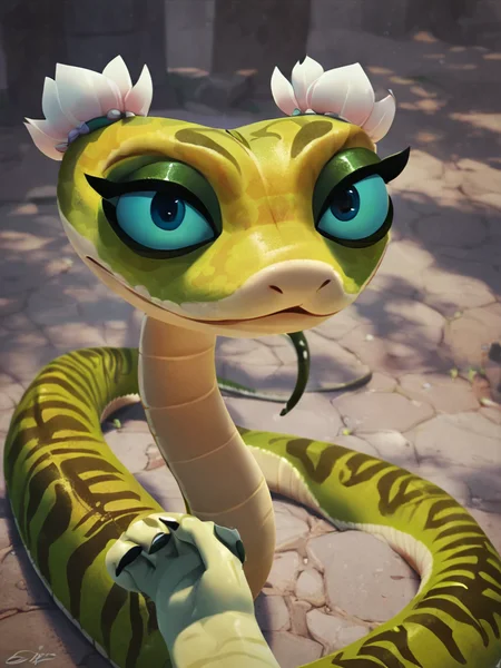 <lora:ViperPony1.1:0.75> viperkfp, snake, 1girl,solo, solo focus, furry, solo, blue eyes, animal focus, looking at viewer,furry female, score_9, score_8_up, score_7_up, score_6_up