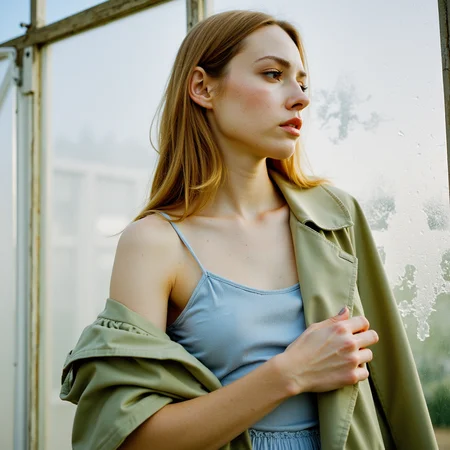 analog film photo Ultra quality, ultra realistic, ultra detailed skin textures and colors, half-body, inside a greenhouse in Copenhagen, mid-afternoon: A woman with pale skin and delicate features stands near the condensation-glazed window of an old glasshouse. She wears a soft sky-blue slip dress and a sage trench coat slipping off one shoulder. Her face is turned toward the misty glass, catching diffused backlight that makes her light brows and lashes glow. Shot on a Contax 645 with 80mm Zeiss Planar f/2, loaded with Fujifilm Pro 400H for its luminous handling of pale tones and gentle contrast. A silver reflector is used low and camera-left to add clarity to the texture of her skinârosacea on her cheeks, faint capillaries near the nose, fine peach fuzz across the cheekbones and temple, and the natural moistness of her eyes glimmering in the soft light, flawed skin, rosy cheeks, skin pores, soft wrinkles, expression marks, The ambient humidity creates subtle dewy highlights on her brow and chin. Her hands are visible, relaxed at waist-height, gently grasping the edge of her coat, nails short and unpolished.
<lora:Detailed Skin&Textures Flux V3:0.7> dsv4, faded film, desaturated, 35mm photo, grainy, vignette, vintage, Kodachrome, Lomography, stained, highly detailed, found footage