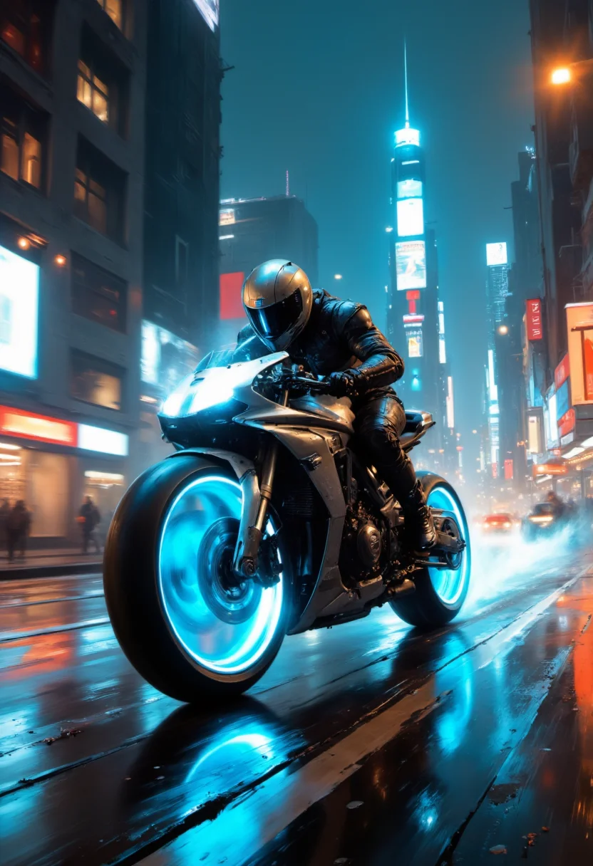A futuristic motorcycle, speeding through a neon-lit city street at night. The rider wears a sleek, high-tech helmet, and the motorcycle's wheels glow with vibrant blue light. The city around them is a blur of neon signs, towering buildings, and rain-slicked streets. The scene is dynamic and full of motion, capturing the intensity of the ride. Sci-fi, cinematic, high-detail, vibrant colors <lora:flux_realism_lora:0.7> <lora:fluxenhancer:0.2> <lora:artisketchyfs-v02:0.8>