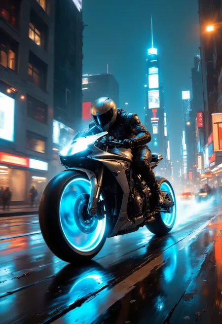 A futuristic motorcycle, speeding through a neon-lit city street at night. The rider wears a sleek, high-tech helmet, and the motorcycle's wheels glow with vibrant blue light. The city around them is a blur of neon signs, towering buildings, and rain-slicked streets. The scene is dynamic and full of motion, capturing the intensity of the ride. Sci-fi, cinematic, high-detail, vibrant colors  <lora:flux_realism_lora:0.7> <lora:fluxenhancer:0.2> <lora:artisketchyfs-v02:0.8>
