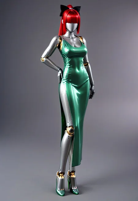 A full length 35mm photo of a beautiful 30-year-old woman, robotic, smooth metal skin, she is made of smooth matte silver metal, standing in a Scandinavian house, her torso has a serial number on it, metallic red hair in a ponytail, black bow in her hair, electronic green eyes with mechanical iris, her feet are made to look like silver metal high heel shoes, she is standing still, she is wearing a vibrant green evening gown, she is holding a green satin clutch, standing in a minimalist Scandinavian house
Robot girl, Android, mechanical limbs, robot joints, metal skin, no mouth, armor, no face, faceless, egghead