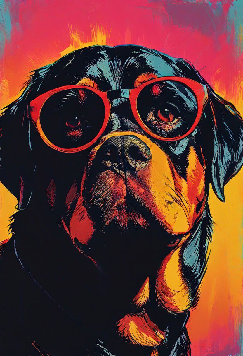 impactful color paint of, a Rottweiler wearing dark sunglasses, highly detailed, vibrant colors , 8k, sharp, professional, clear, high contrast, high saturated, , vivid deep blacks, crystal clear